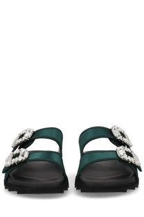 Roger vivier women’s slidi viv emerald green satin slide sandals with crystal-encrusted buckle details