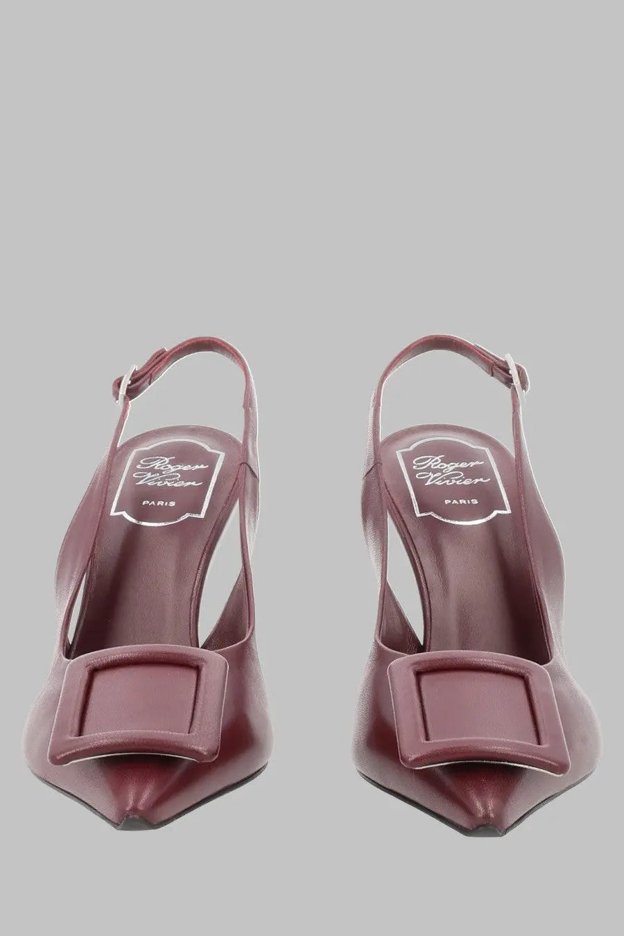 Roger vivier women’s slingback punta red pumps in burgundy leather with square buckle and pointed toe detail