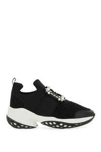 Roger Vivier women’s sneaker viv run black with black mesh upper white rubber sole and crystal-embellished strap