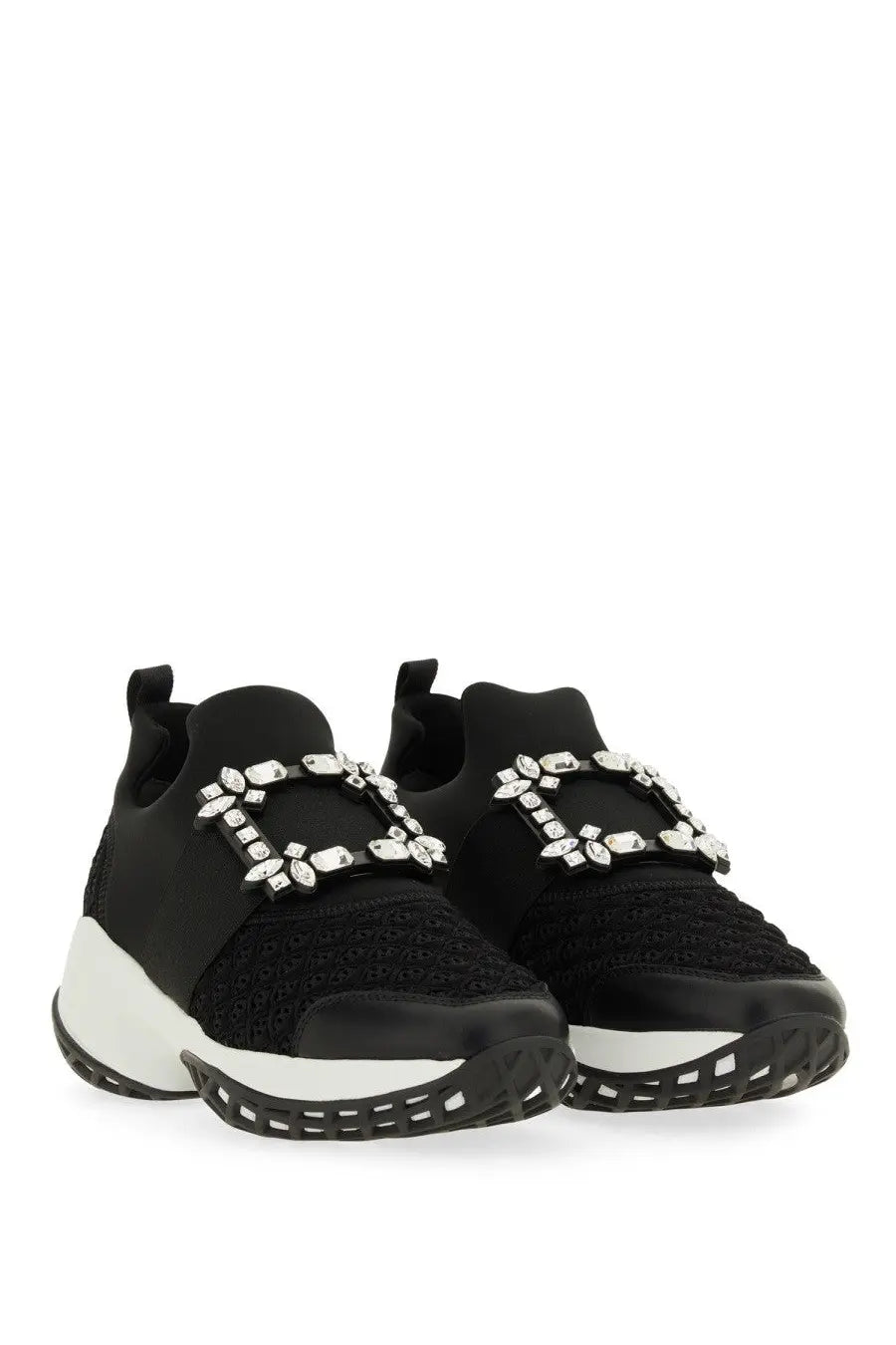 Black mesh roger vivier women’s viv run fabric sneaker with white rubber sole and silver crystal buckle on front