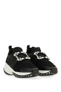 Black mesh roger vivier women’s viv run fabric sneaker with white rubber sole and silver crystal buckle on front