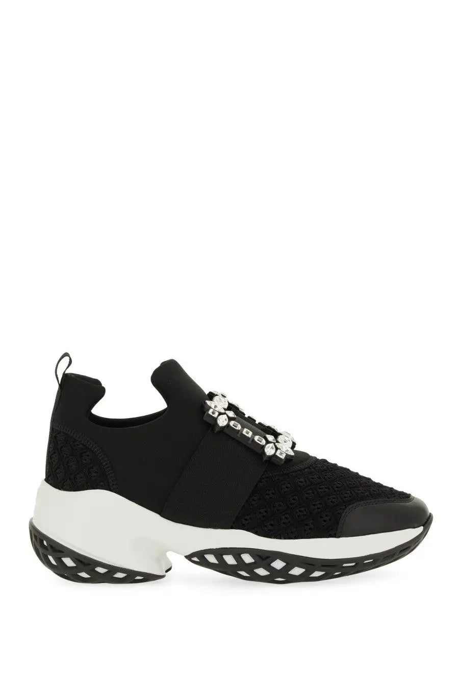 Roger Vivier women’s viv run black mesh sneaker with white rubber sole and crystal-adorned silver buckle