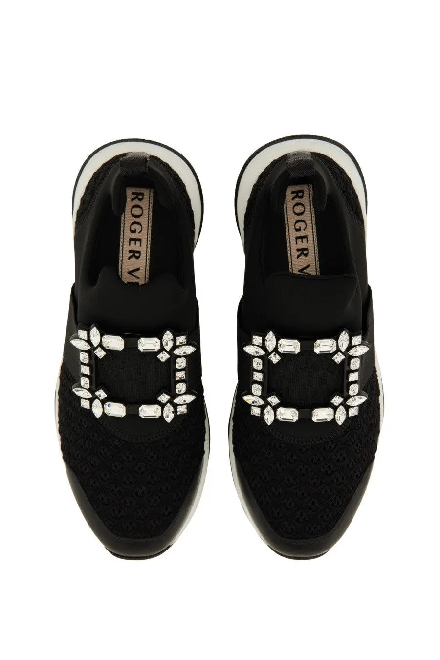 Roger vivier women’s viv run fabric sneaker black with mesh upper and rectangular buckle adorned with clear crystals