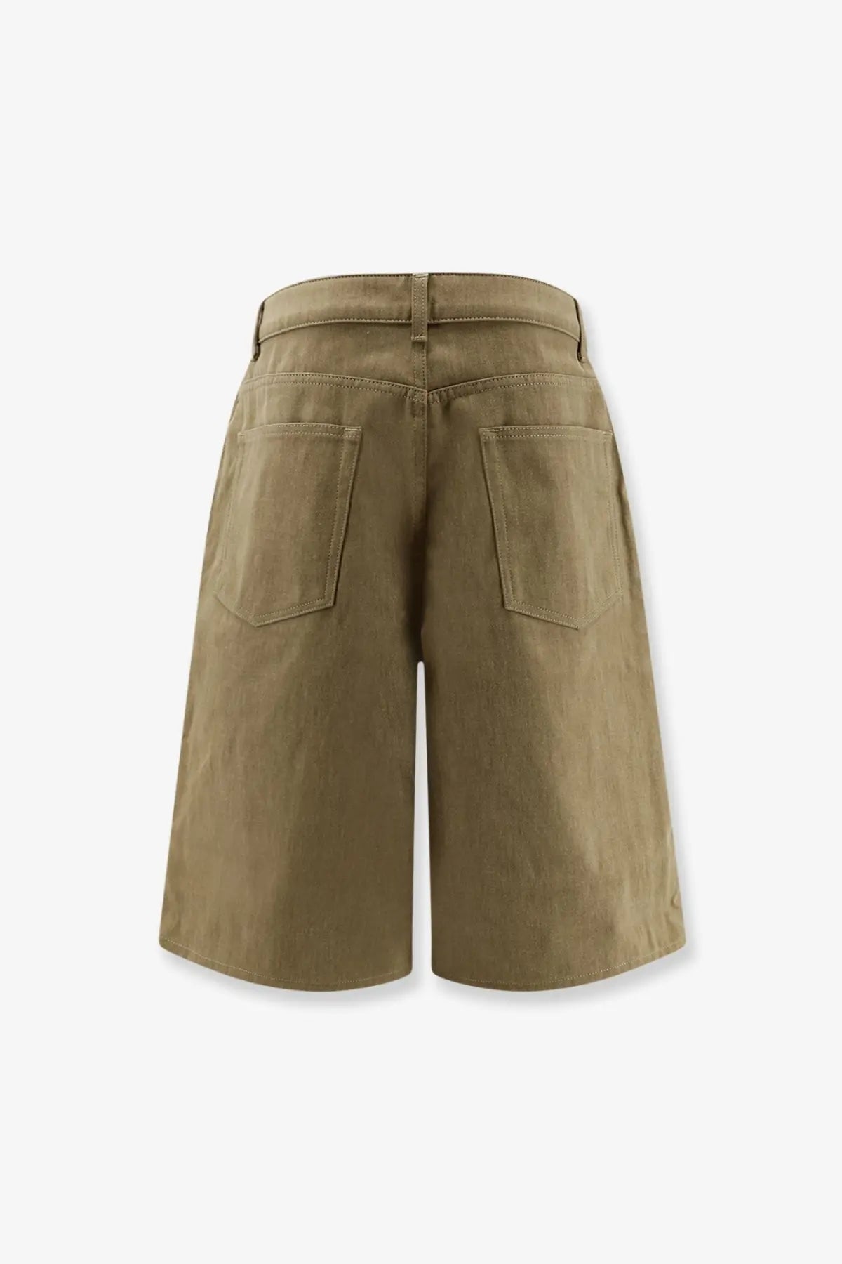 The back side of rohe women’s cotton bermuda shorts in khaki with a relaxed fit and two back pockets