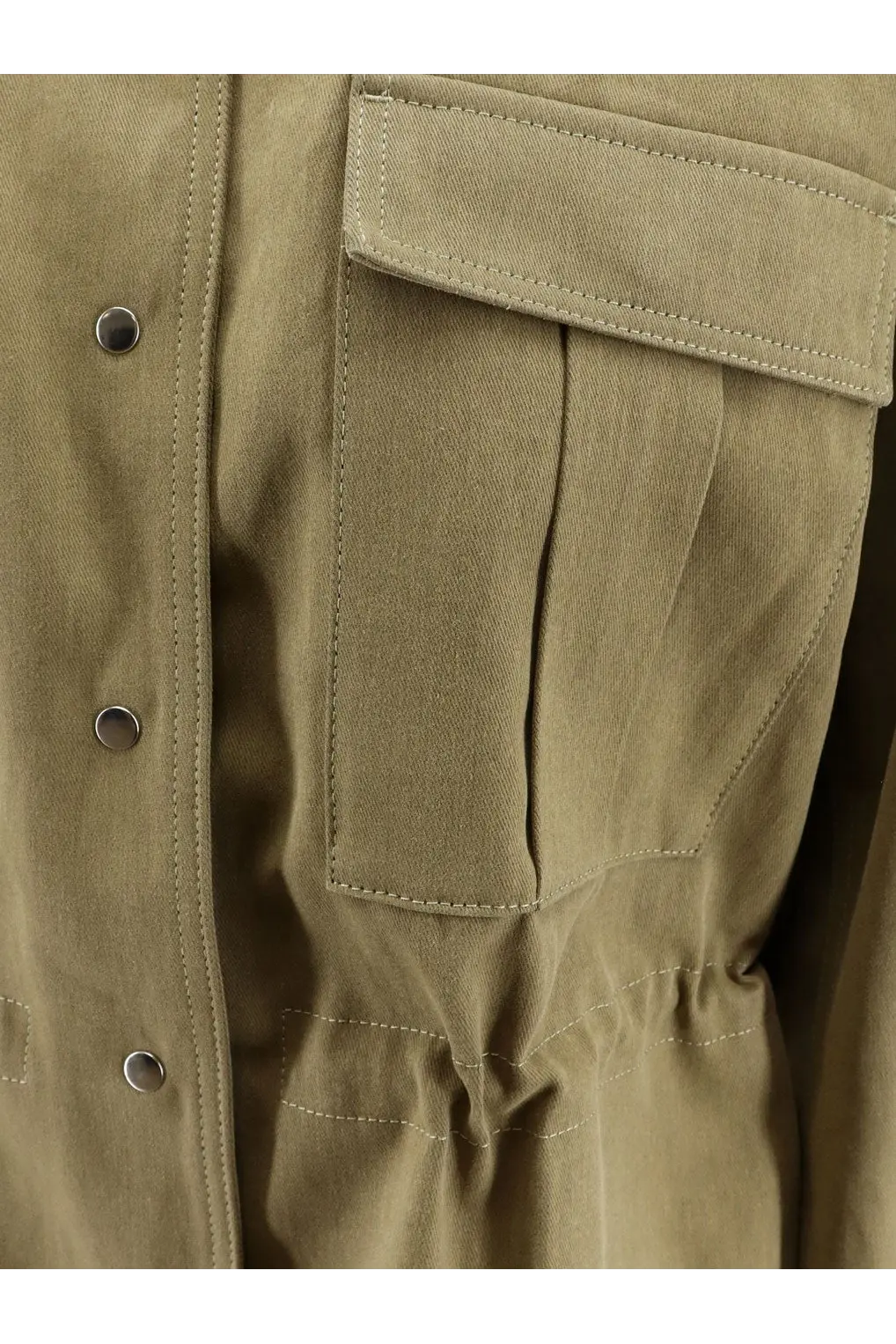 Rohe women’s olive green cotton jacket with silver-toned buttons and flap-over chest pocket in canvas fabric