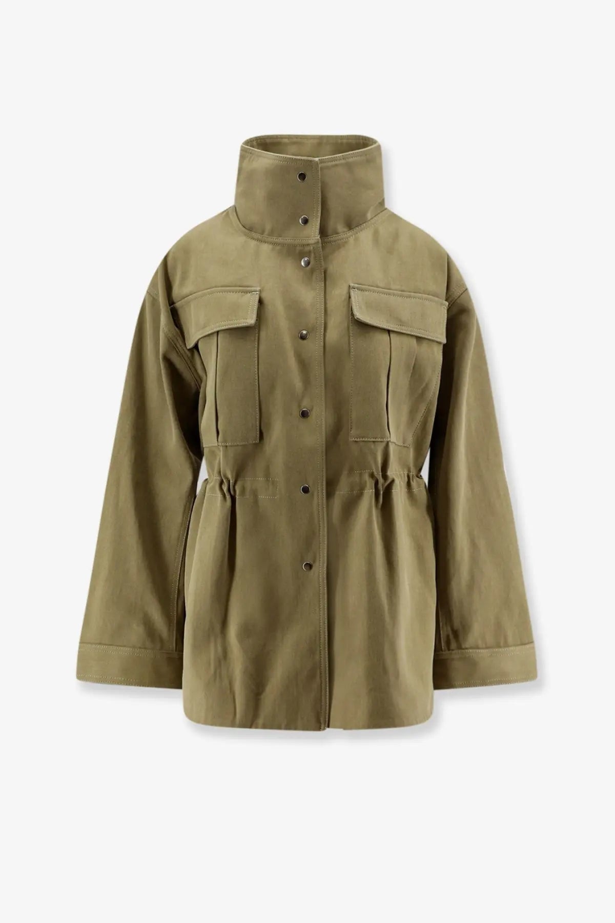 Olive green cotton utility jacket for women with high collar button closures and large flap pockets by rohe