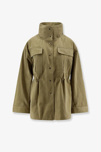 Olive green cotton utility jacket for women with high collar button closures and large flap pockets by rohe