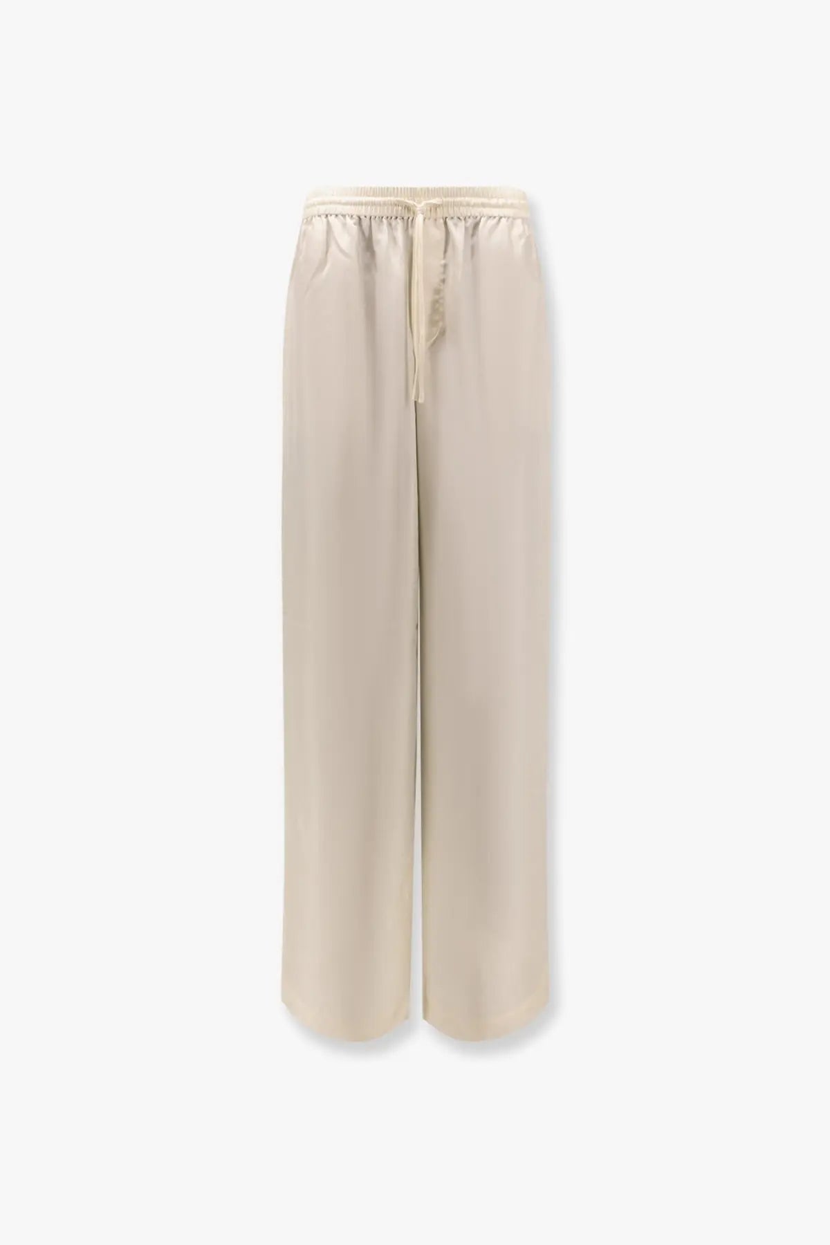 Beige wide-leg Rohe women’s jogger silk trousers with satin finish and elastic waistband in white color