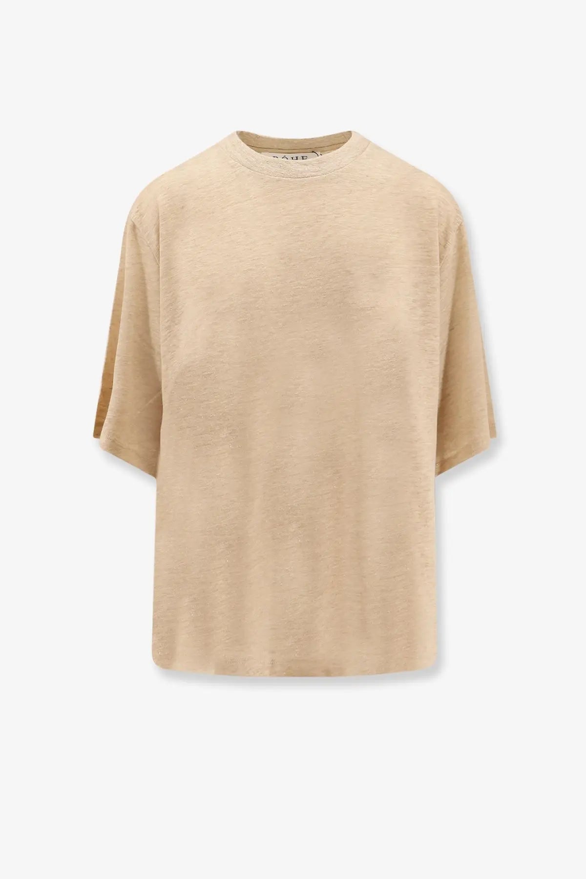 Beige oversized crewneck t-shirt with relaxed slightly textured fabric in rohe women’s linen shirt white product series