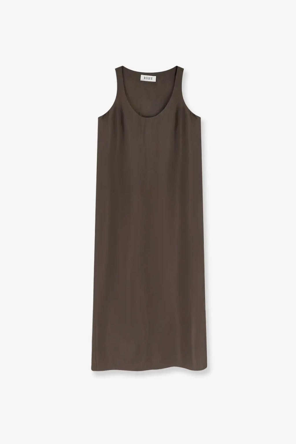 A sleek olive green sleeveless Rohe women’s long silk dress with flowing fabric and a simple round neckline
