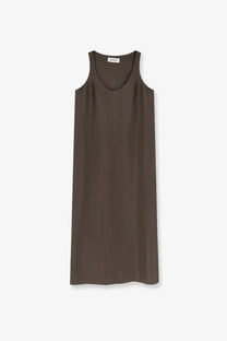 A sleek olive green sleeveless Rohe women’s long silk dress with flowing fabric and a simple round neckline