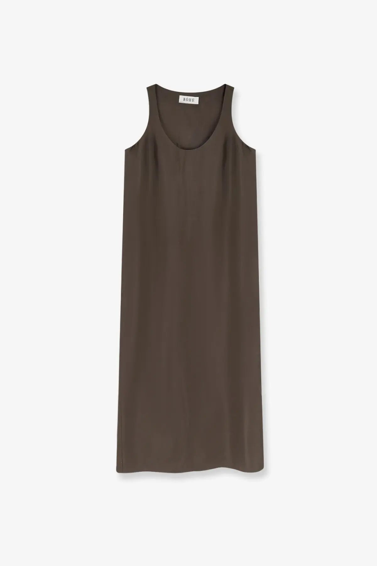A sleek olive green sleeveless long silk dress with a soft flowing fabric and round neckline for women by Rohe earth