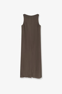 A sleek sleeveless dark brown silk midi dress with a straight cut and center front seam from rohe women’s collection