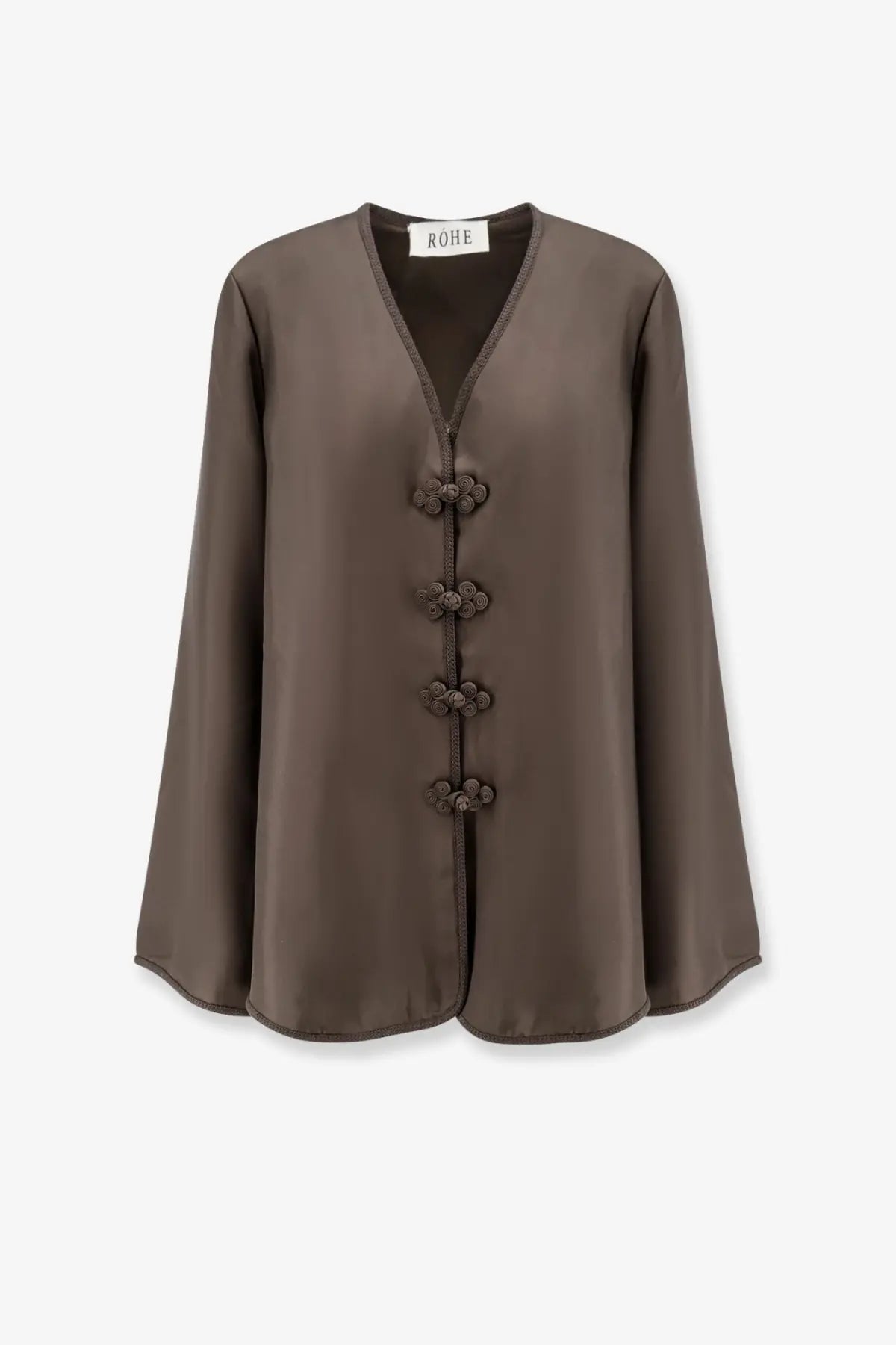 Rohe women’s taupe silk blouse with v-neckline and knotted button closures in mandarin style earth color