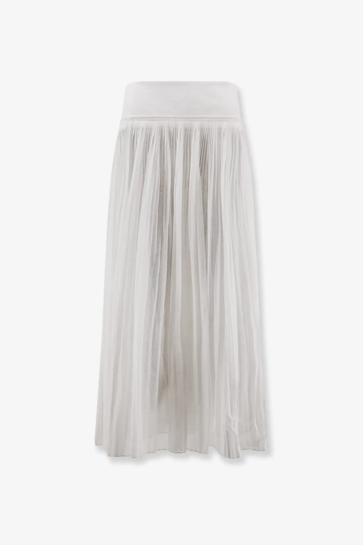 A flowing white pleated cotton midi skirt with lightweight fabric and elastic waistband from Rohe women’s collection