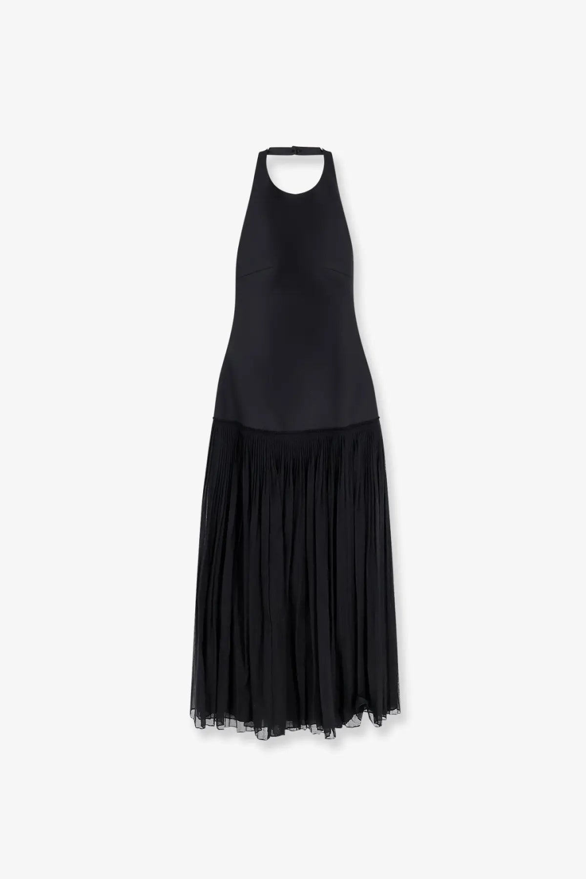 Black halter-neck midi dress with sleek fitted bodice and flowing pleated skirt from rohe women’s collection