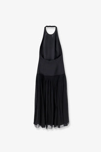 Rohe women’s pleated long dress black featuring a black halter neck structured bodice and flowing pleated midi skirt