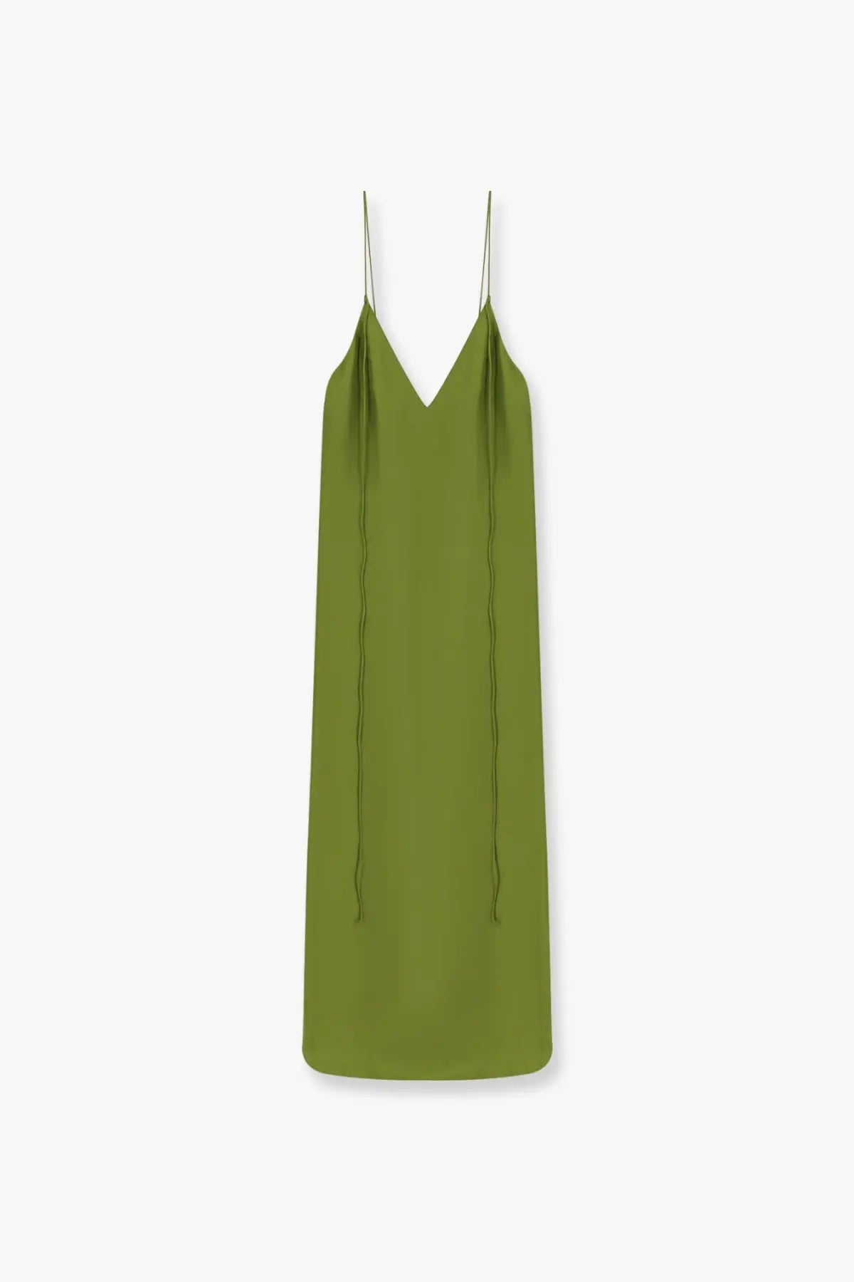 A sleek olive green silk slip dress with thin spaghetti straps and a deep v-neckline by Rohe women’s silk dress green