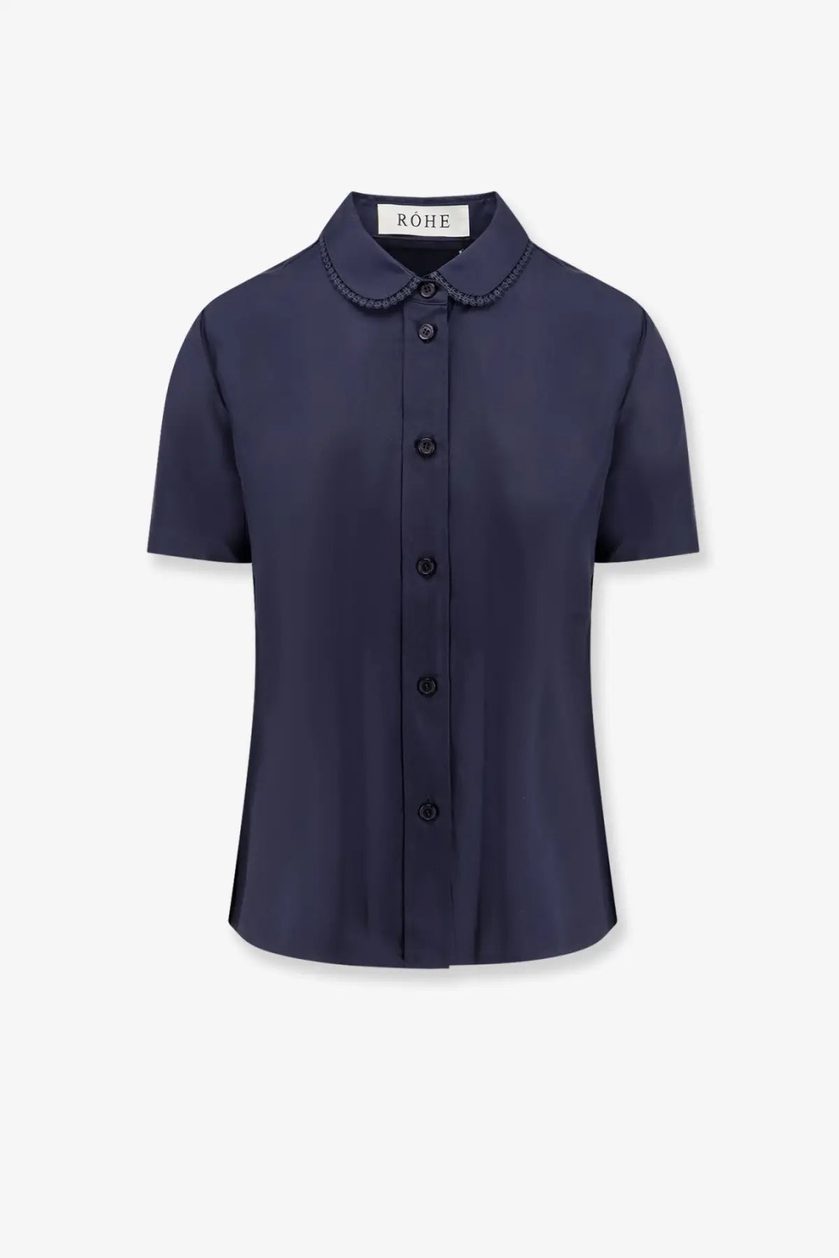 Rohe women’s silk navy blue short-sleeved button-up shirt with delicate lace-trimmed collar and matching buttons