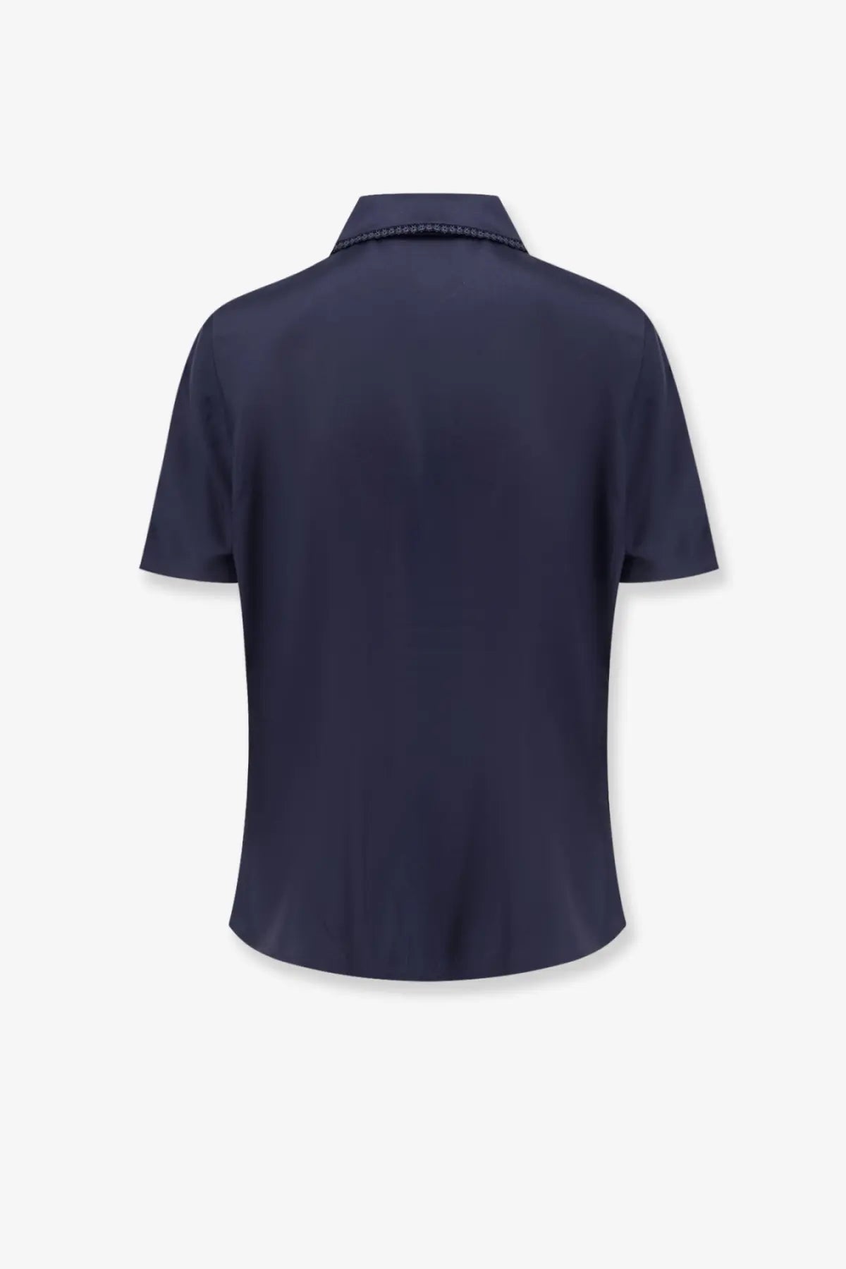 Navy blue women’s short-sleeved silk shirt Rohe with subtle textured collar trim in black color