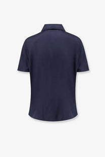 Navy blue women’s short-sleeved silk shirt Rohe with subtle textured collar trim in black color