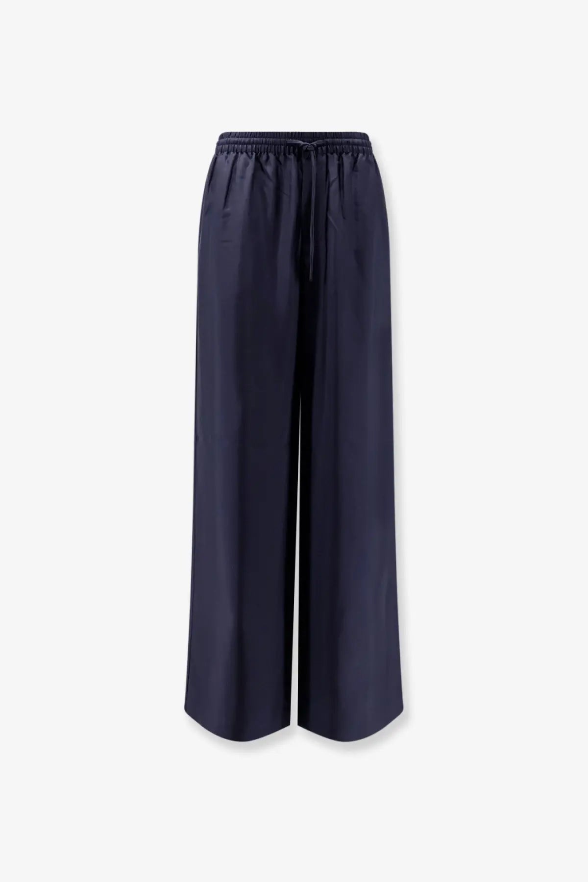 Navy blue silk wide-leg trousers for women with elastic waistband and drawstring from Rohe black collection