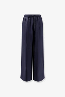 Navy blue silk wide-leg trousers for women with elastic waistband and drawstring from Rohe black collection