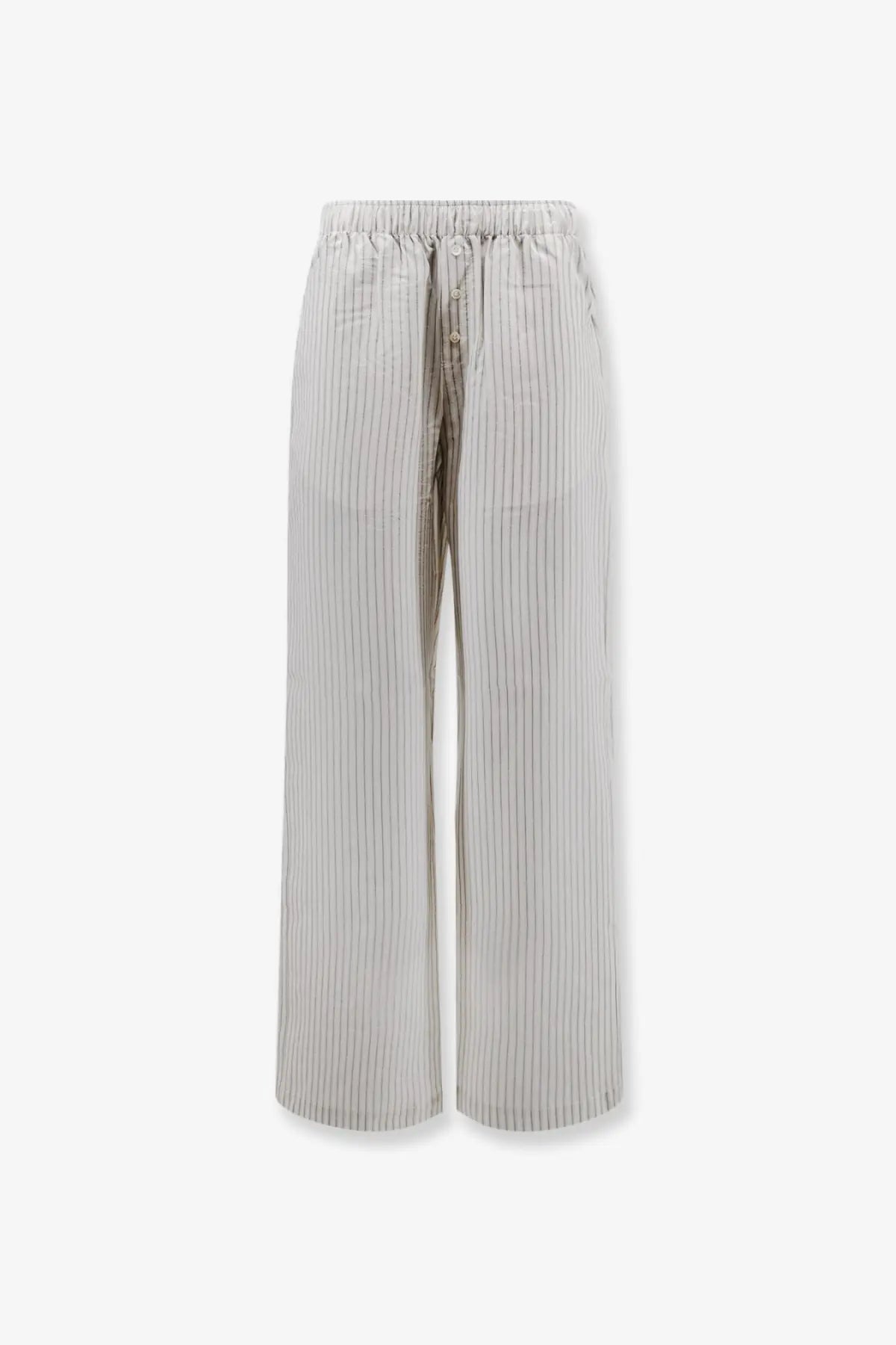 Rohe women’s silk trousers in light gray and white vertical stripes with elastic waistband and button closure