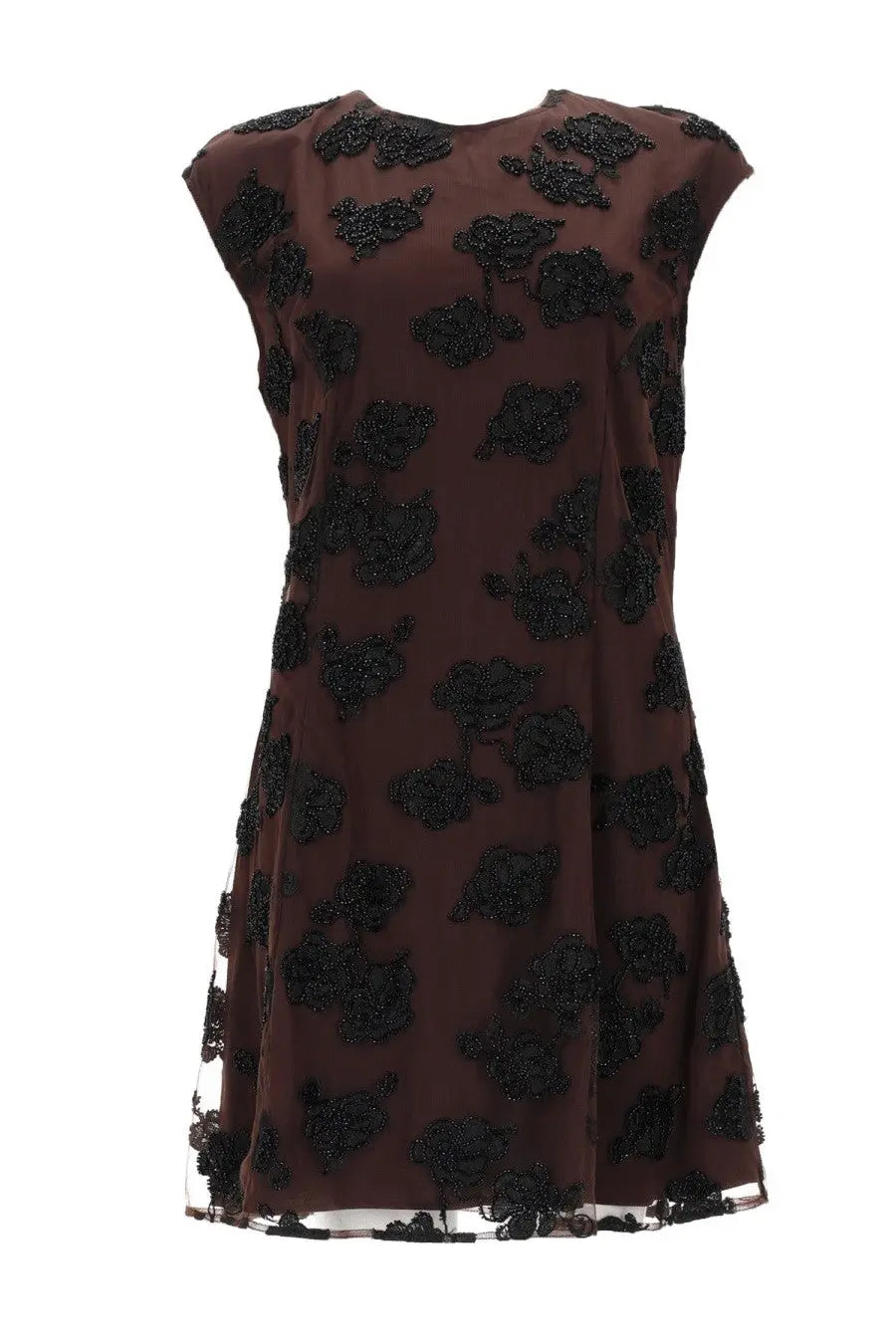 Rotate Birger Christensen women’s sleeveless brown mini dress with intricate black floral embroidery detailing
