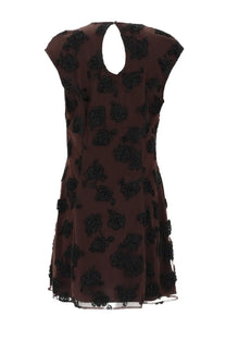 Rotate birger christensen women’s brown sleeveless mini dress with black beaded floral appliqués and keyhole back opening