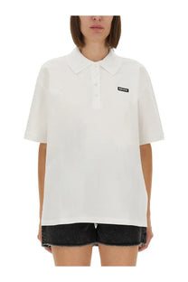 Rotate birger christensen women’s white cotton polo shirt with short sleeves collar button placket and black logo patch