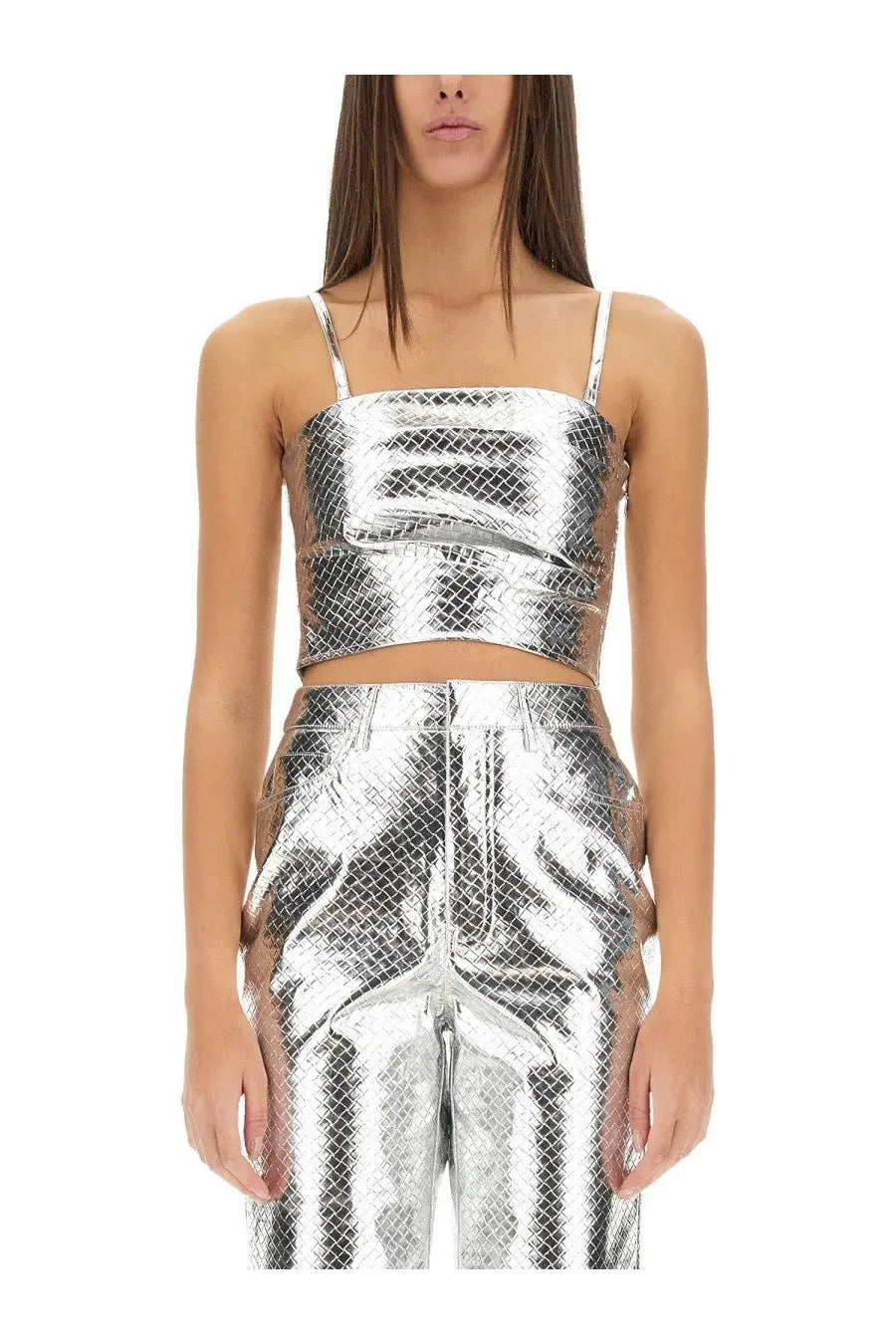 Rotate Birger Christensen women’s silver snakeskin-patterned crop top with thin straps in shiny fabric
