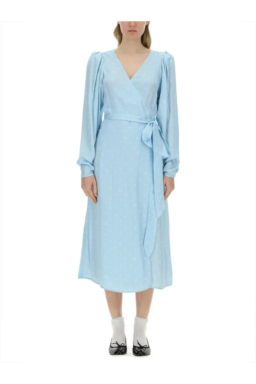 Rotate Birger Christensen women’s light blue wrap dress with long puffed sleeves white polka dots and self-tie belt