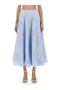 Rotate Birger Christensen women’s blue midi skirt with flowing fabric and delicate floral embroidery