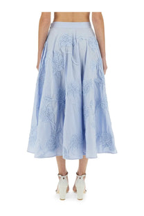 Rotate Birger Christensen women’s light blue midi skirt with flowing fabric and intricate floral embroidery in matching hue
