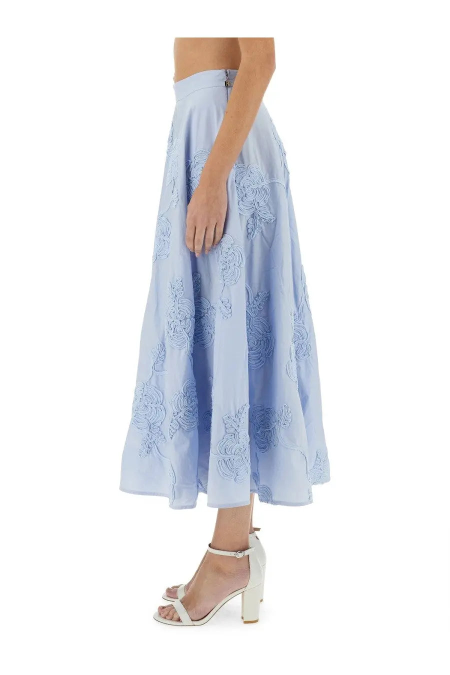 Rotate Birger Christensen women’s light blue floral midi skirt with delicate embroidery and flowing fabric