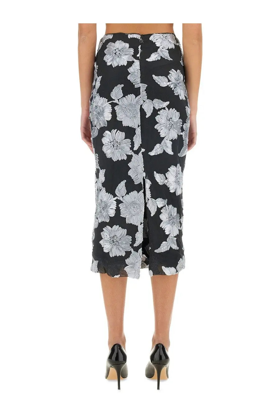 Rotate Birger Christensen women’s black midi pencil skirt with delicate white floral pattern and subtle ruffled hem