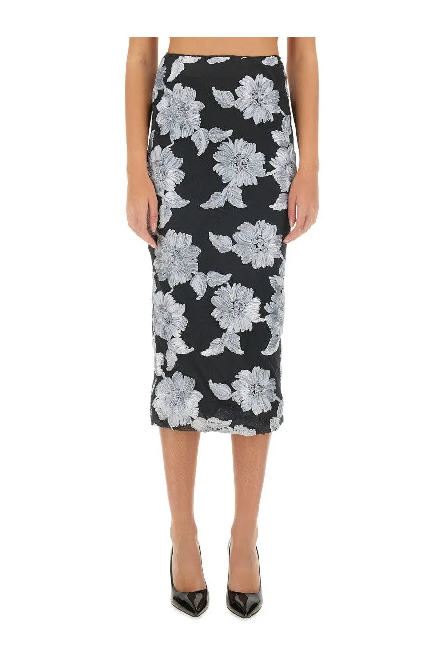 Rotate Birger Christensen women’s black midi pencil skirt with bold white floral pattern on smooth flowing fabric