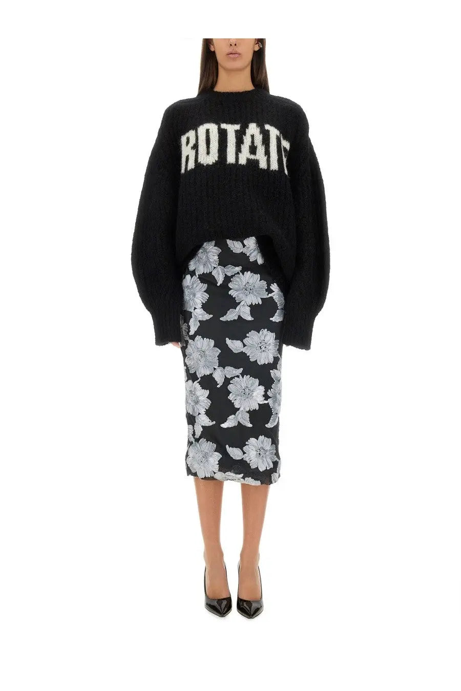 Rotate Birger Christensen women’s black floral pencil skirt with silver-toned flower patterns and slim fit design