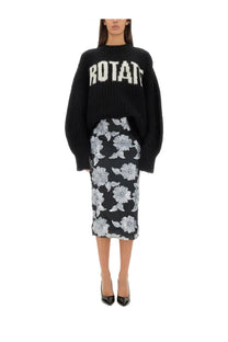 Rotate Birger Christensen women’s black floral pencil skirt with silver-toned flower patterns and slim fit design