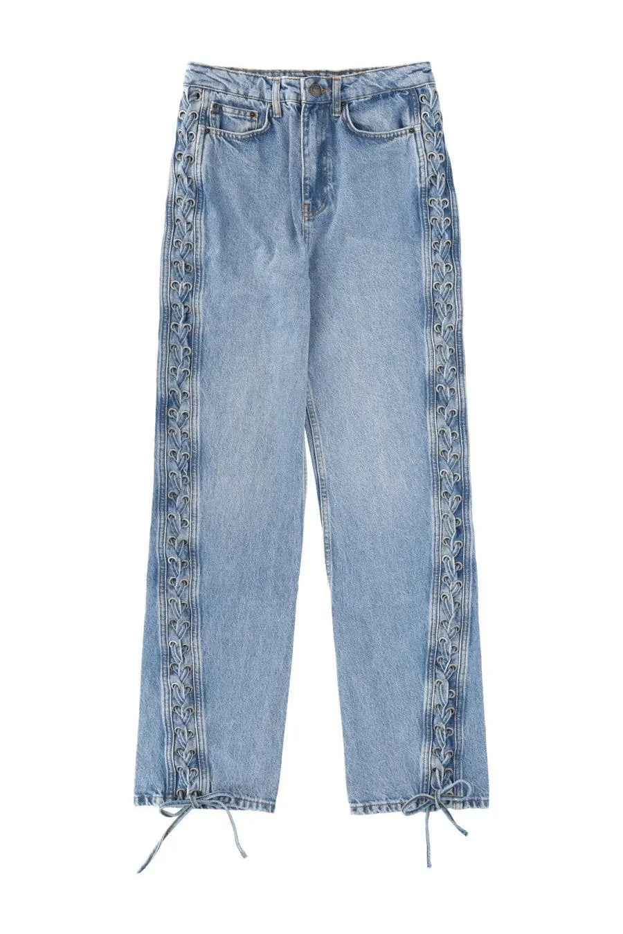 Rotate Birger Christensen women’s light-wash denim jeans with intricate lace-up outer seams and adjustable ankle drawstrings