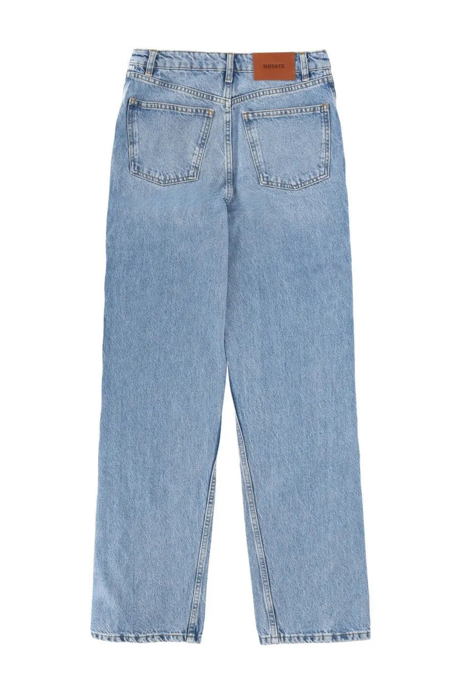 Light-wash denim blue rotate birger christensen women’s jeans with straight-leg cut and brown leather waistband patch back view