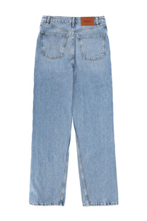 Light-wash denim blue rotate birger christensen women’s jeans with straight-leg cut and brown leather waistband patch back view
