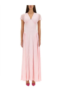 Rotate Birger Christensen women’s long dress in soft pink flowing fabric with v-neckline and short sleeves