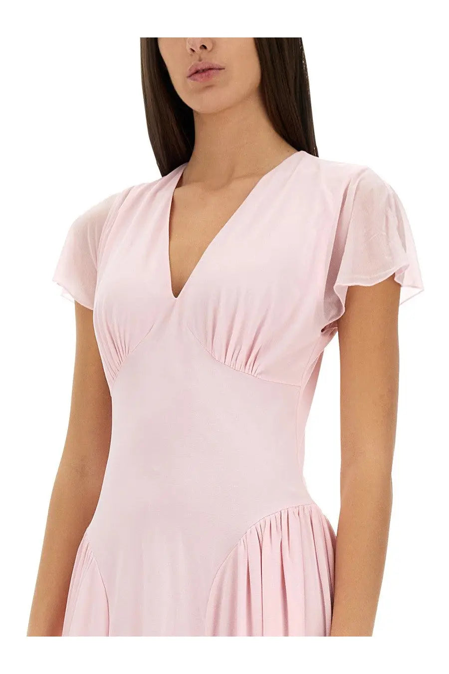 Rotate Birger Christensen women’s soft pink midi dress with v-neckline and ruffled short sleeves in flowing fabric