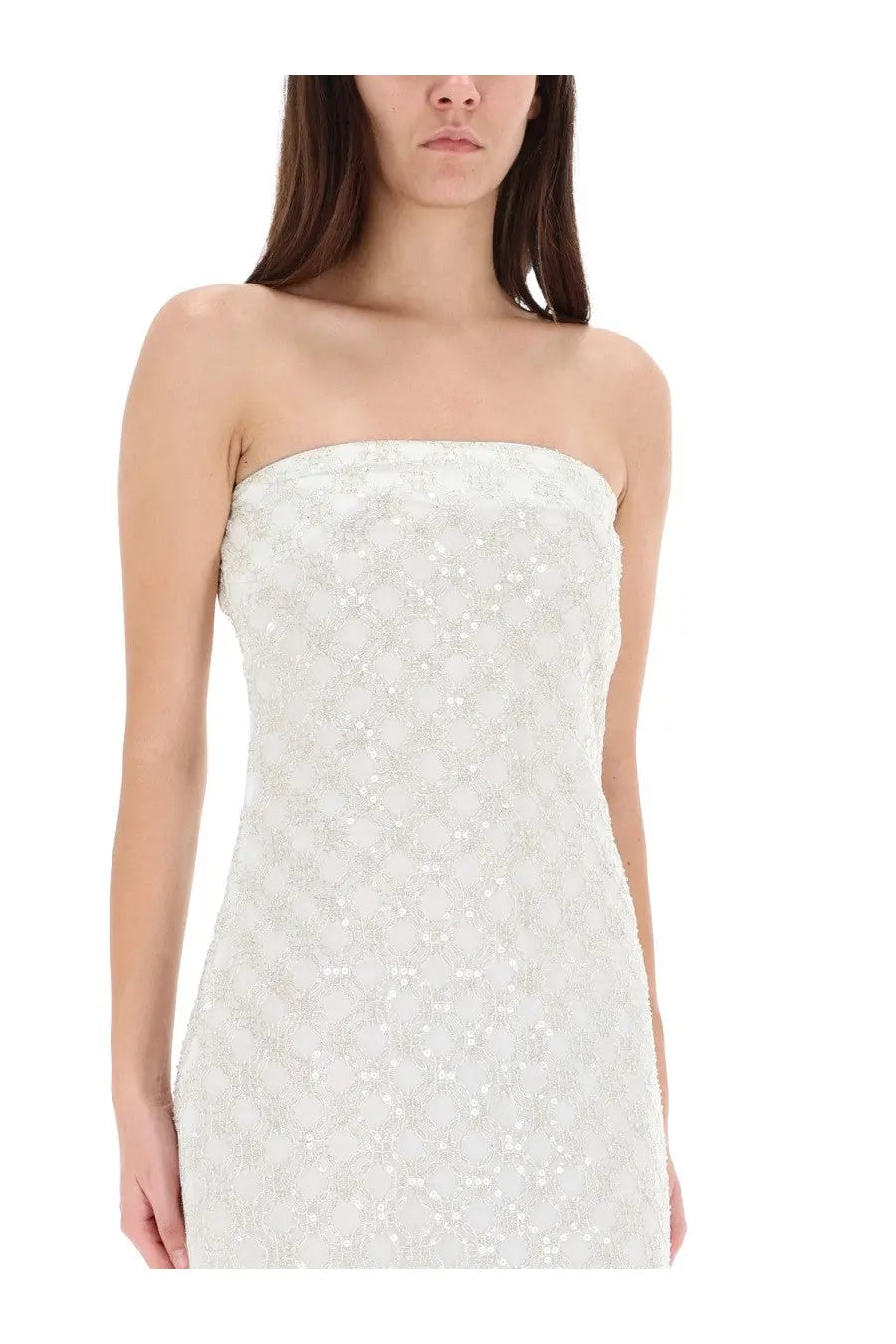 Rotate Birger Christensen women’s long white strapless dress with intricate lace and subtle shimmering embellishments