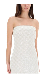 Rotate Birger Christensen women’s long white strapless dress with intricate lace and subtle shimmering embellishments