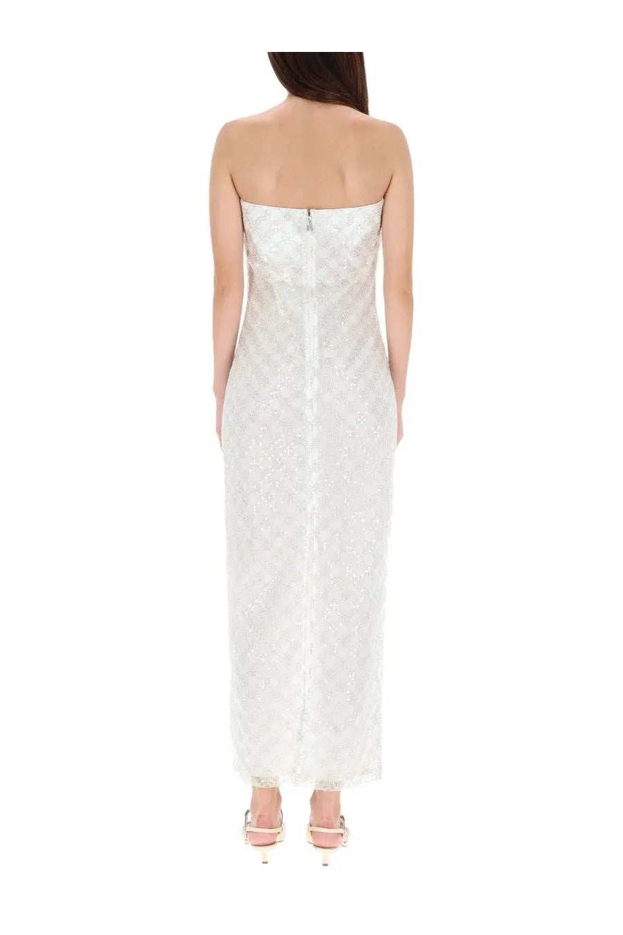Rotate birger christensen women’s long dress white strapless floor-length lace gown with beading along back zipper