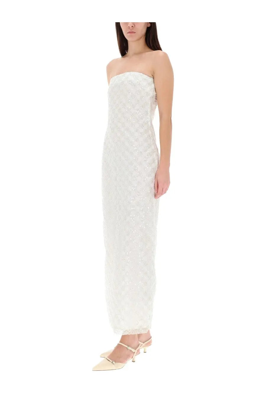 Rotate Birger Christensen women’s white strapless maxi dress with subtle texture and delicate beading on the bodice