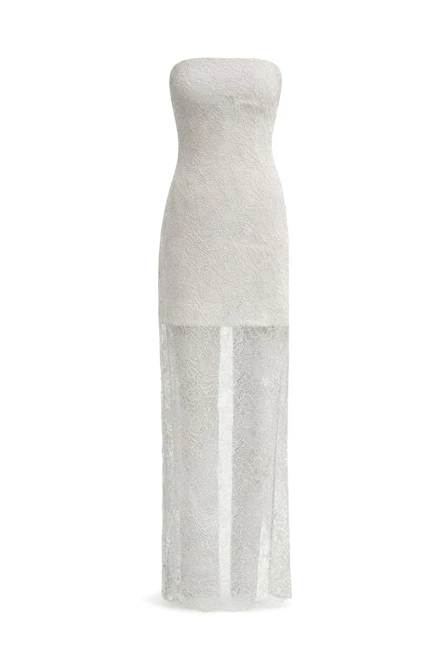 Rotate Birger Christensen women’s grey long lace strapless maxi dress with high slit and intricate floral pattern